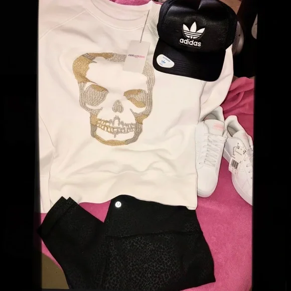 🎉HP🎉NEW Zadig And Voltaire White Upper Gold/Slv Glitter Skull Sweatshirt Sz M✨ - Picture 8 of 13